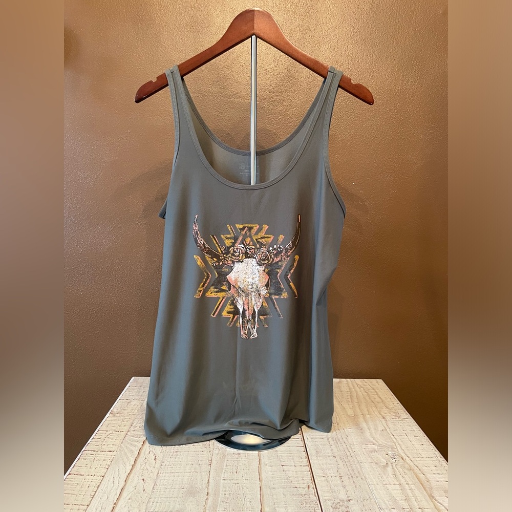 No Boundaries Olive Tank Top with Bull Skull Graphic